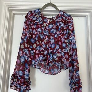 Free People Floral Blouse - Burgundy and Blue
